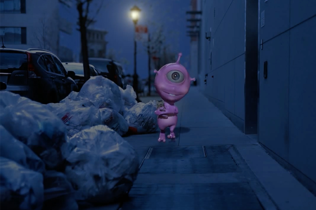 3D animation of purple alien character holding toy and walking down the street